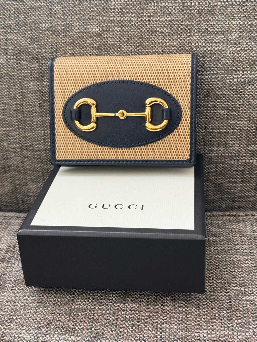 Gucci Women’s Navy & Tan Leather Card Holder with Horsebit Detail